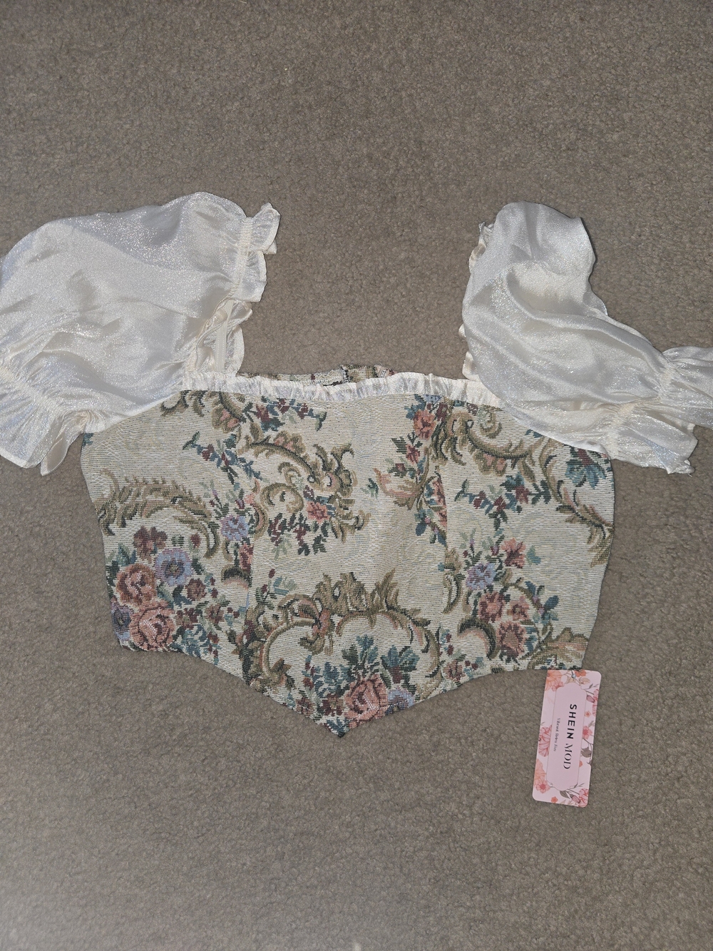 SHEIN Floral Tapestry Crop Top with Puff Sleeves - Cream Floral